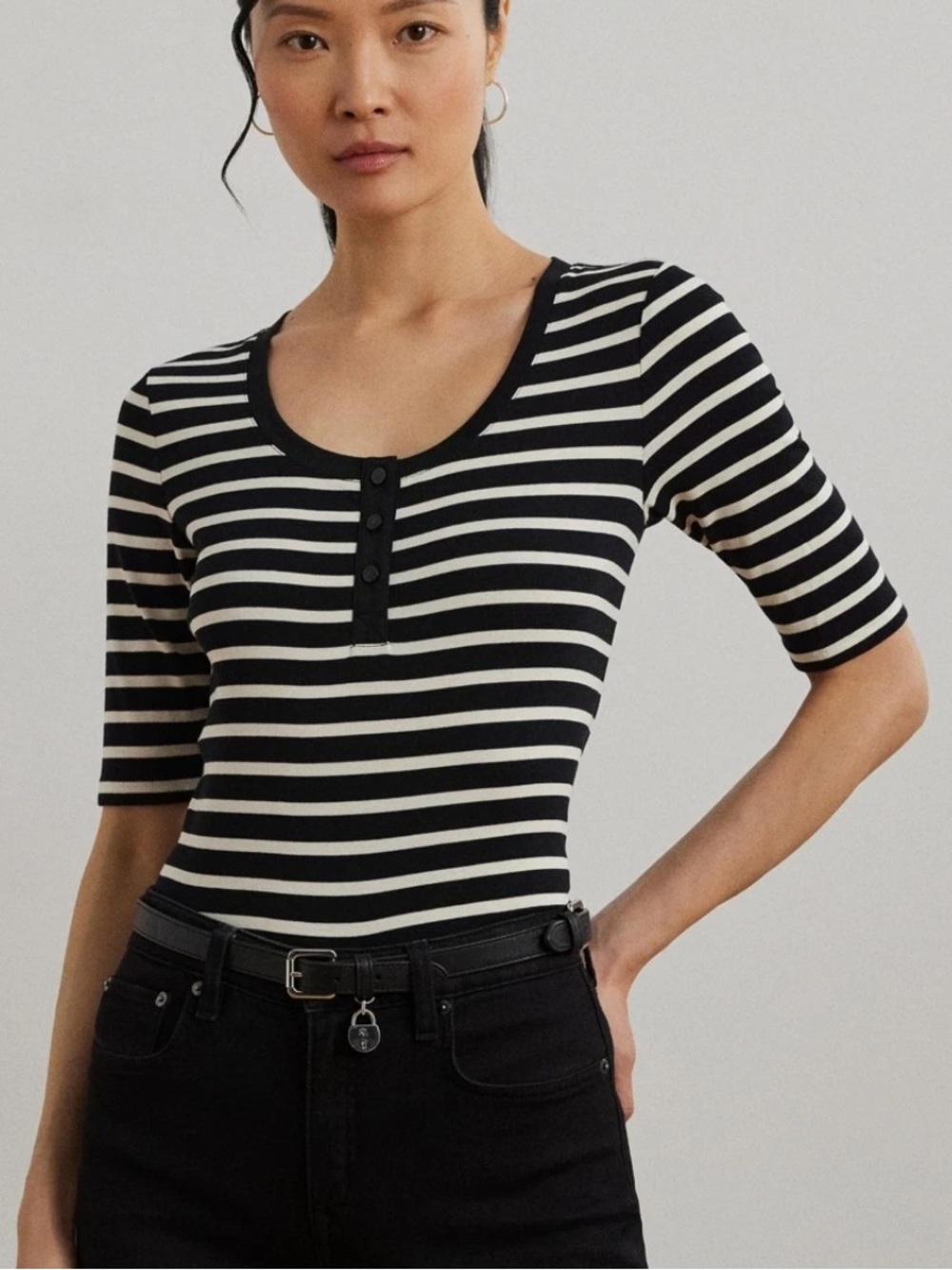 Lauren Ralph Lauren Black & Cream Striped Henley Cotton Top Logo Size L Preppy